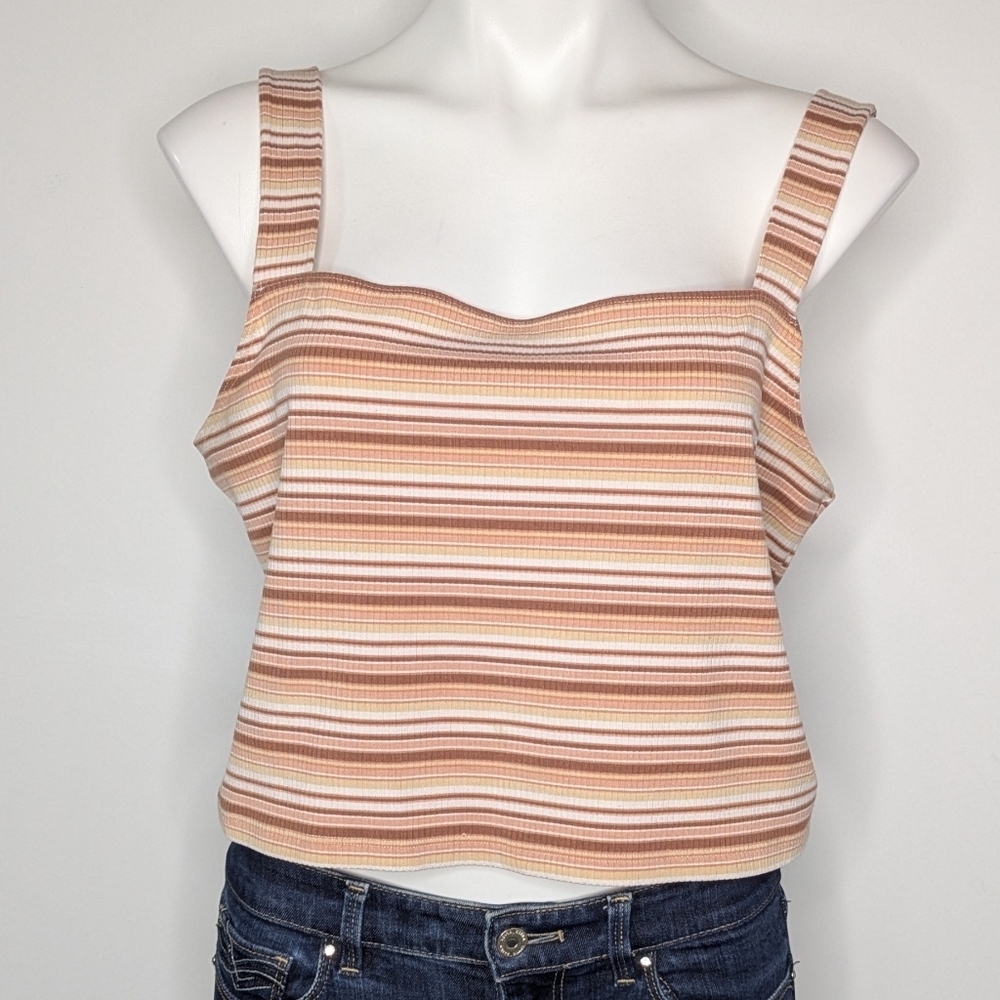 AEO Peach Brown White Striped Square Neck Semi Crop Tank Top XXL